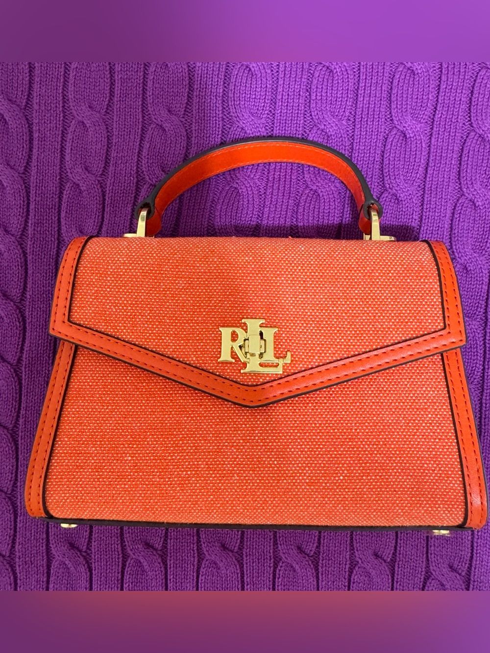 Lauren Ralph Lauren Orange Canvas Top-Handle Satchel with Gold RL Logo